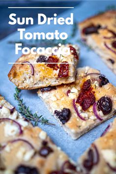 sun dried tomato focaccia on a baking sheet with the title above it