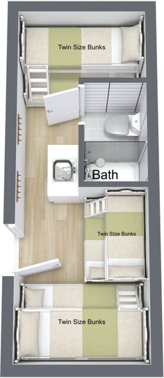 the floor plan for a tiny apartment with two beds and one bathroom, which is divided into three separate rooms