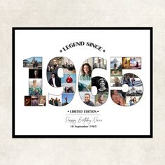 a 50th birthday card with photos and the number fifty five in it's center