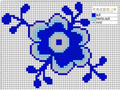 a cross stitch pattern with blue flowers on it