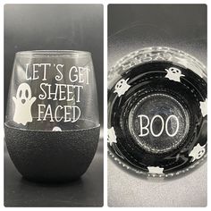 there are two pictures one has a glass and the other has a bowl with halloween designs on it