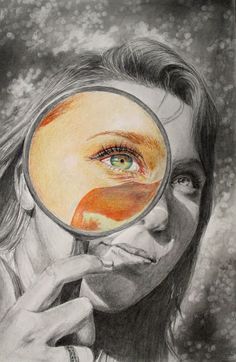 a drawing of a woman looking through a magnifying glass with an eye on it