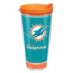 the miami dolphins travel mug has an orange lid and is in front of a white background