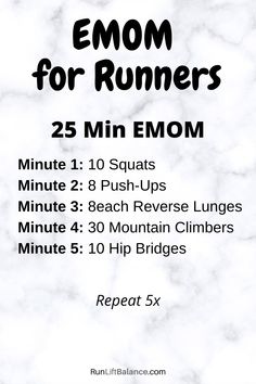 a white marble background with the text emom for runners 25 minutes to 5 minutes