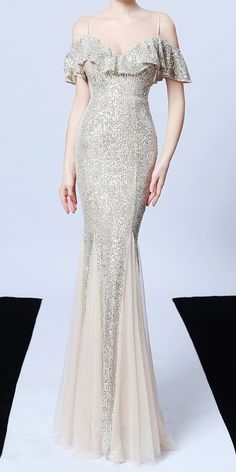 $90.90 - Stunning Sequin Sparkle Light Silver Evening Long Maxi Dress with Ruffles For Elegant Ladies and classy women. This mermaid fishtail dress is bodycon tight fitted. Perfect for formal dinners, cocktail party, bridesmaid, prom and evening. The fabric is THICK, SOFT and STRETCHABLE. It will FIT YOU well. We do not see through. Our online boutique offers FREE RETURNS, free size exchange and worldwide free shipping. Fish Gown, Prom Dress With Ruffles, Formal Dresses Long Elegant, Sequin Prom Dresses Long, Sequins Prom Dress, Sequin Long Dress, Spaghetti Strap Prom Dress, Silver Mermaid, Dress Korean