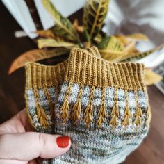 a person holding up a knitted purse next to a potted plant