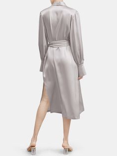 This luxury silk robe is distinguished by feminine details such as chic statement cuffs and side slit. Crafted from pure silk, it flatters the female form with its relaxed fit silhouette and waist-defining sash belt. Dark Pastel Blue, Dark Pastel, Belted Robe, Feminine Details, Sash Belts, Silk Robe, Sash Belt, Luxury Silk, Silk Wrap