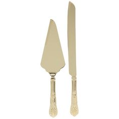 two knives and a fork are shown on a white background, one is silver the other is gold