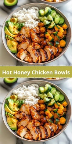 two bowls filled with chicken and vegetables next to an avocado on the side