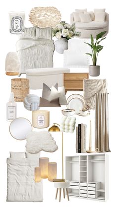 a collage of white furniture and accessories