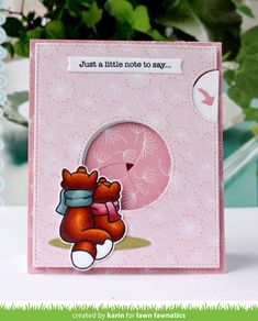 a card with a teddy bear holding a pink ball on it's back and the words just a little note to say