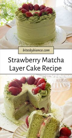 strawberry matcha layer cake recipe with fresh strawberries on top and green frosting