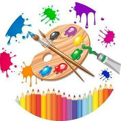 an artist's palette with paint and crayons