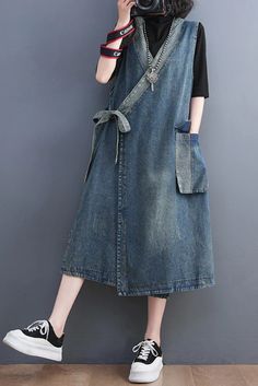 Dress Korea, Sleeveless Denim Dress, Denim Patterns, Dresses Xxl, Comfortable Room, Blue V, Fashion Vintage, Mode Vintage, Long Dresses