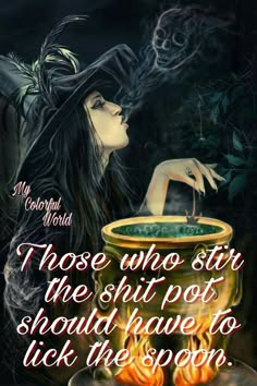 a witch stirring a pot with her hands