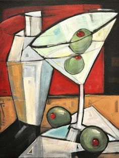 an oil painting of a martini glass with olives