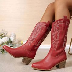 Redembroidery Leather Hi-Heel Western Cowboy Boots Red Slip-On Upper Material: Pu Leather Lining Material: Fabric, Pu Leather Insole Material: Fabric Outsole Material: Rubber Western Boots Yeehawcowboy.com, Tall Cowgirl Boots Red, Cowboy Boots Me, Non Slip Cowboy Boots, Cowgirl Boots Wine, Heart Western Boots, Sparkly Red Cowgirl Boots, Red Boots Casual, Cowboyy Boots