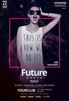 a flyer for a dance event with a woman wearing sunglasses and holding her hands on her head