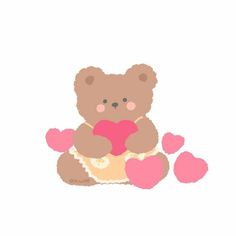 a brown teddy bear holding a heart surrounded by smaller pink hearts on a white background