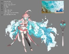 an anime character is standing in front of the ocean with her hair blowing in the wind