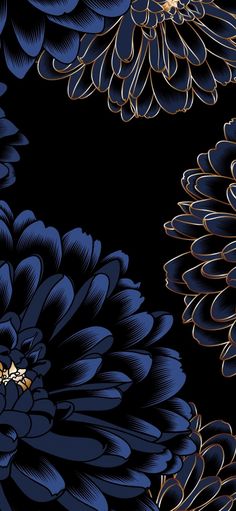 blue and gold flowers on a black background