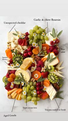 an arrangement of fruits and cheeses on a white marble counter top with labeled labels