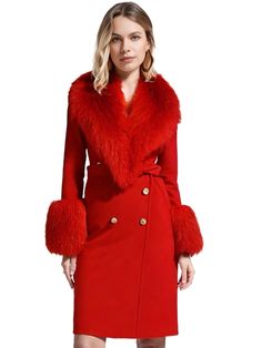 Women's Wool Cashmere Coat With Real Mongolian Sheep Fur Collar and Cuffs Ladies Double Faced Coats Belted Winter Fall Long Coat - Snowy City, Winter Couture, Green Fur, Women Sleeve, Cashmere Coat, Fur Collar, Fur Collars, Collar And Cuff, Elegant Outfit