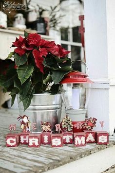 a potted plant sitting on top of a wooden table next to blocks that spell out the word christmas