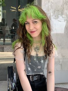 Bleached Undercut Long Hair, Colour Placement Hair, Green Underside Hair, Chartreuse Hair Color, Green Hair Brown Roots, Lime Green Peekaboo Hair, Blonde Hair With Green Tips, Purple And Green Hair Short, Green Striped Hair