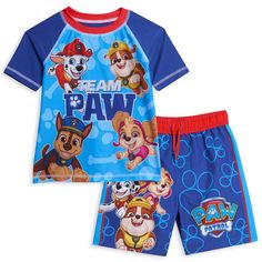 Get ready for a fun adventure in this adorable Paw Patrol Short Sleeve Rash Guard Swim Shirt and Swim Trunks Bathing Suit! Join Marshall, Chase, Rubble, Skye, Rocky, Zuma, Everest, and the rest of the rescue pups as they help solve problems around Adventure Bay with their pal Ryder. Always ready to help a friend, these mighty pups need your little helper’s assistance to complete their mission, save the day, and bring a smile to the faces of those around them. Your child will love to wear this co Trunks Outfit, Rubble Paw Patrol, Paw Patrol Skye, Paw Patrol Characters, Chase Paw Patrol, Paw Patrol Nickelodeon, Swim Shirts, Boys Clothes, Stylish Kids