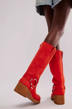 Kira Harness Boots | Free People Bold Leather Boots With Block Heel, Harness Boots, Cool Boots, Boho Clothing, Boho Outfits, Free People, Boots, Christmas, Clothes