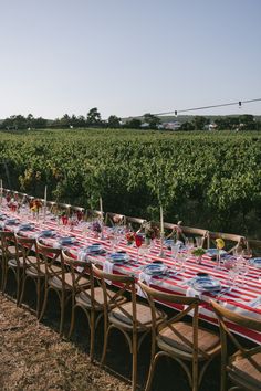 a long table is set with plates and place settings for an american flag themed party