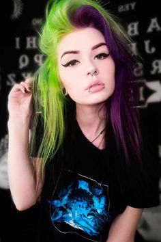 Emo Hair Color, Purple And Green Hair, Vivid Hair Color, Hair Color Purple, Emo Hair, Bright Hair, Edgy Hair