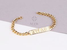 "ABOUT PRODUCT This 14K Gold Name Bracelet is suitable gift for girlfriend, mom and her. You can even buy as a birthday gift for your friends or anniversary gifts, If you want to add a special note we can write for you and put to inside of package. We manufacture our jewelry pieces with carefully and after production we double checking in quality control department. Our main idea is keep our items for daily wearing especially for minimalist jewelry pieces. You can wear this chain bracelet in you Luxury Diamond Name Bracelet In Gold, Gold Name Bracelet, Nameplate Bracelet, Cuban Link Bracelet, Medical Bracelet, Main Idea, White Gold Bracelet, Name Jewelry, Personalized Gifts For Her