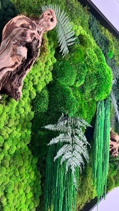 a moss covered wall with trees and plants