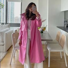 Pink Trench Coat Faux Leather Rain Coat Material Very Well Designed Quality A Bit Heavy Brand New Bubble Gum Pink Coloring Pink Coat Outfit, Trench Outfit, Faux Leather Outfits, Pink Raincoat, Rain Outfit, Raincoat Outfit, Winter Coat Outfits, Exaggerated Collar, Pink Coloring