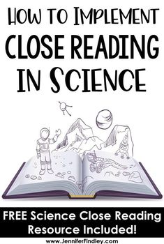 an open book with the words how to implement close reading in science on it and two children