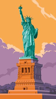 the statue of liberty is shown against an orange and purple sky with clouds in the background