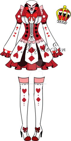 a drawing of a woman in a dress with hearts on the skirt and heels, holding a