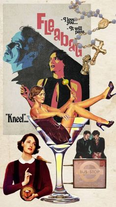 an advertisement for a martini with two women sitting on the glass and one man standing next to it