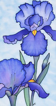 two blue flowers are depicted in this stained glass window paneling design, which is part of a series of irises