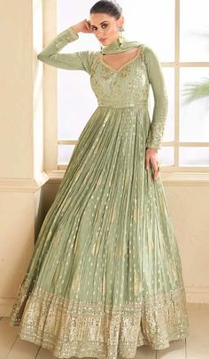 Jacquard Sequins Embroidery Work Party Wear Gown In Pista Green - 9850189975 Floor Length Anarkali, Anarkali Dresses, Designer Anarkali Suits, Gown Suit, Timeless Outfits, Salwar Kamiz