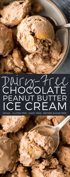 chocolate peanut butter ice cream in a white bowl with spoons and text overlay