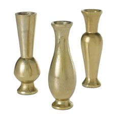 three gold colored vases sitting next to each other on a white background, one is empty