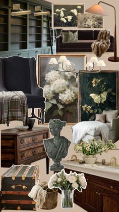 a collage of photos with furniture and flowers