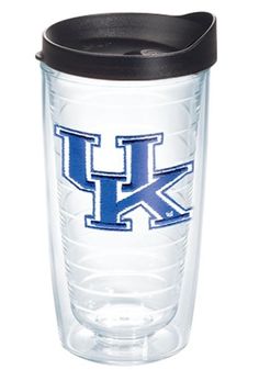 the kentucky university tumbler is shown with black lid and blue letters on it's side