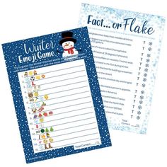 two snowman themed writing paper with the words winter emo game written on them