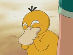 a cartoon duck with its mouth open next to a tall pole and water bottle in the background