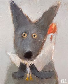 a painting of a dog with two chickens