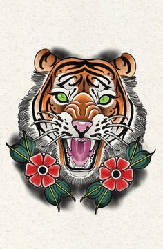 an image of a tiger with flowers on it's chest and head, in the middle